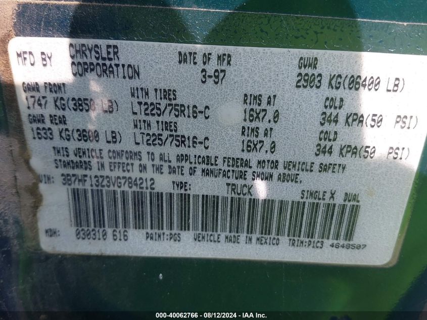 1997 Dodge Ram 1500 VIN: 3B7HF13Z3VG784212 Lot: 40062766