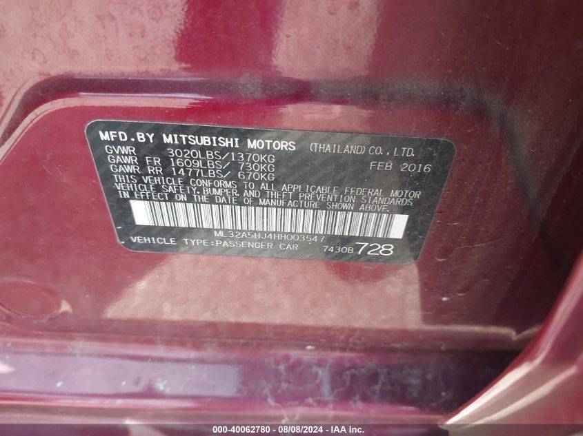 ML32A5HJ4HH003547 2017 Mitsubishi Mirage Gt