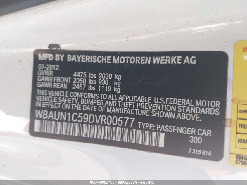 2013 BMW 128I VIN: WBAUN1C59DVR00577 Lot: 40062793