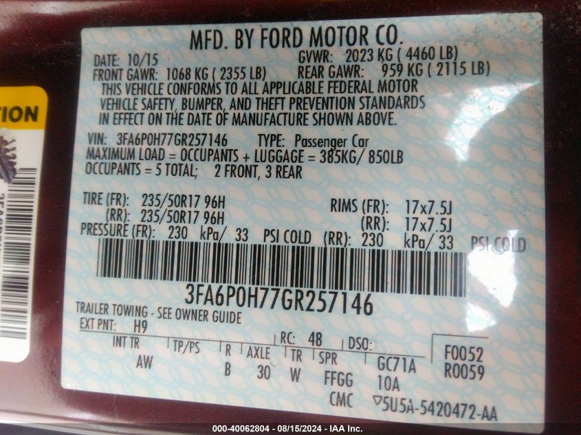 2016 FORD FUSION SE - 3FA6P0H77GR257146