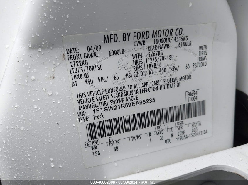 2009 Ford F-250 Fx4/Harley-Davidson/King Ranch/Lariat/Xl/Xlt VIN: 1FTSW21R59EA95235 Lot: 40062808