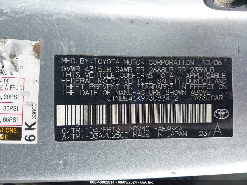 2007 Toyota Camry Ce VIN: JTNBE46K973083412 Lot: 40062814