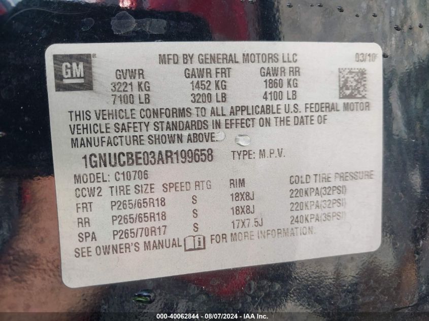 2010 Chevrolet Tahoe Lt VIN: 1GNUCBE03AR199658 Lot: 40062844