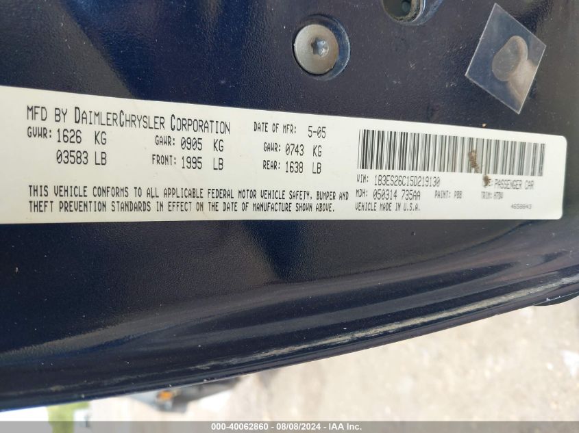 2005 Dodge Neon Se VIN: 1B3ES26C15D219130 Lot: 40062860