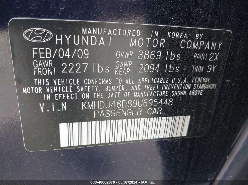 2009 Hyundai Elantra Se VIN: KMHDU46D89U695448 Lot: 40062870