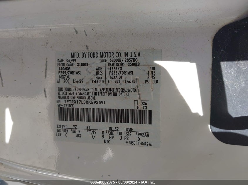 1999 Ford F-150 Lariat/Xl/Xlt VIN: 1FTRX17L3XKB93591 Lot: 40062875