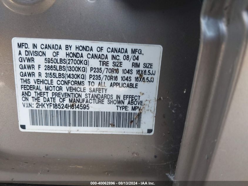 2004 Honda Pilot Ex-L VIN: 2HKYF18524H614595 Lot: 40062896