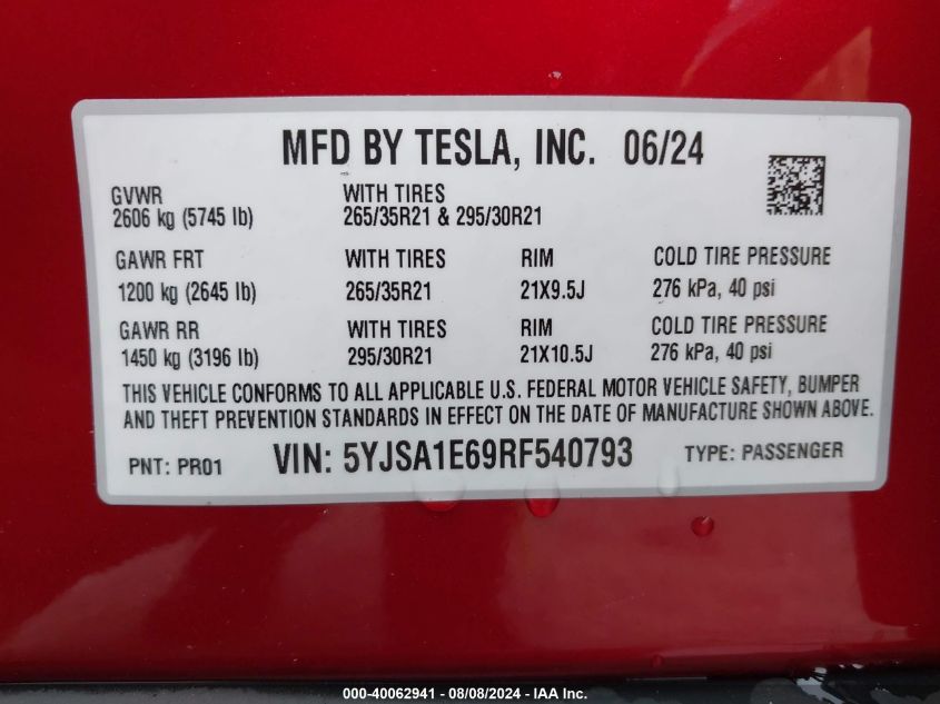 2024 Tesla Model S Plaid Tri Motor All-Wheel Drive VIN: 5YJSA1E69RF540793 Lot: 40062941