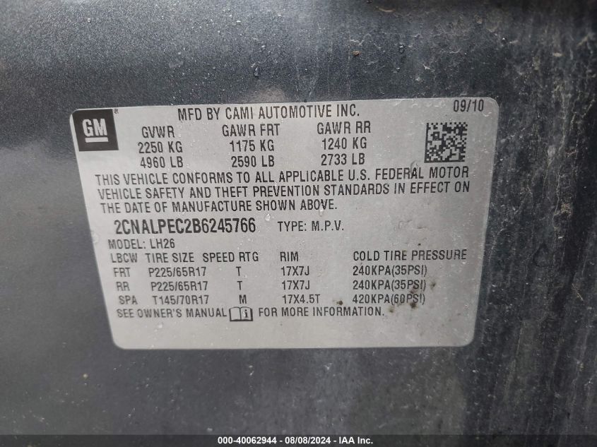 2011 Chevrolet Equinox 2Lt VIN: 2CNALPEC2B6245766 Lot: 40062944
