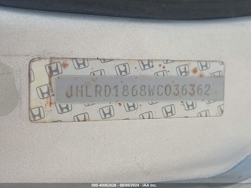 1998 Honda Cr-V Ex VIN: JHLRD1868WC036362 Lot: 40063026