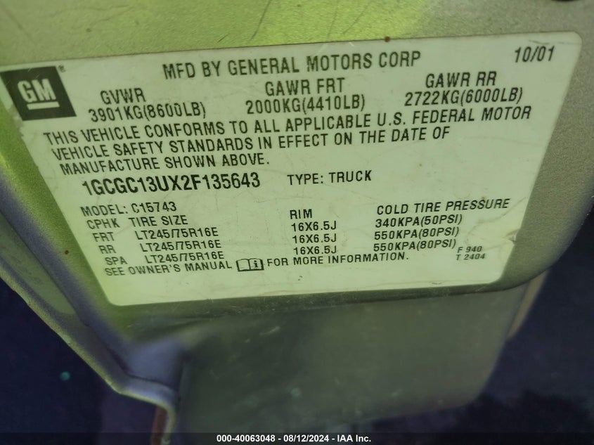 2002 Chevrolet Silverado 1500Hd Ls VIN: 1GCGC13UX2F135643 Lot: 40063048