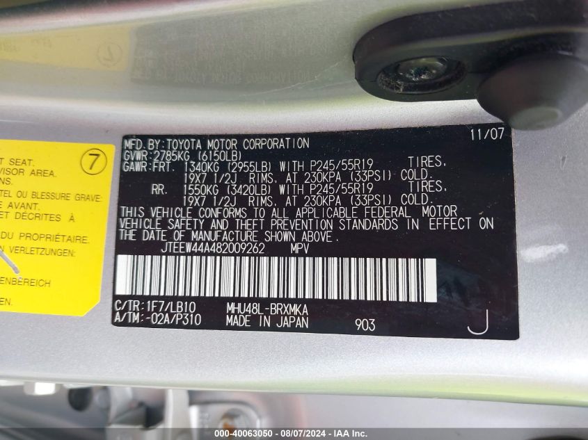 2008 Toyota Highlander Hybrid Limited VIN: JTEEW44A482009262 Lot: 40063050