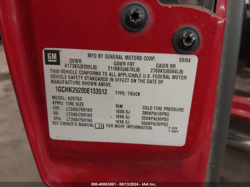 2005 Chevrolet Silverado 2500Hd K2500 Heavy Duty VIN: 1GCHK29205E133512 Lot: 40063061