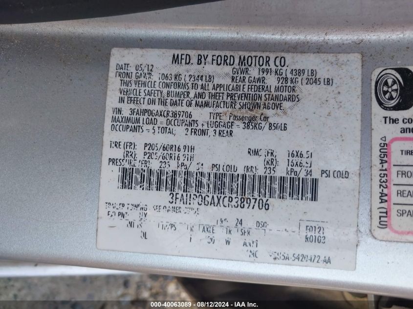 2012 Ford Fusion S VIN: 3FAHP0GAXCR389706 Lot: 40063089