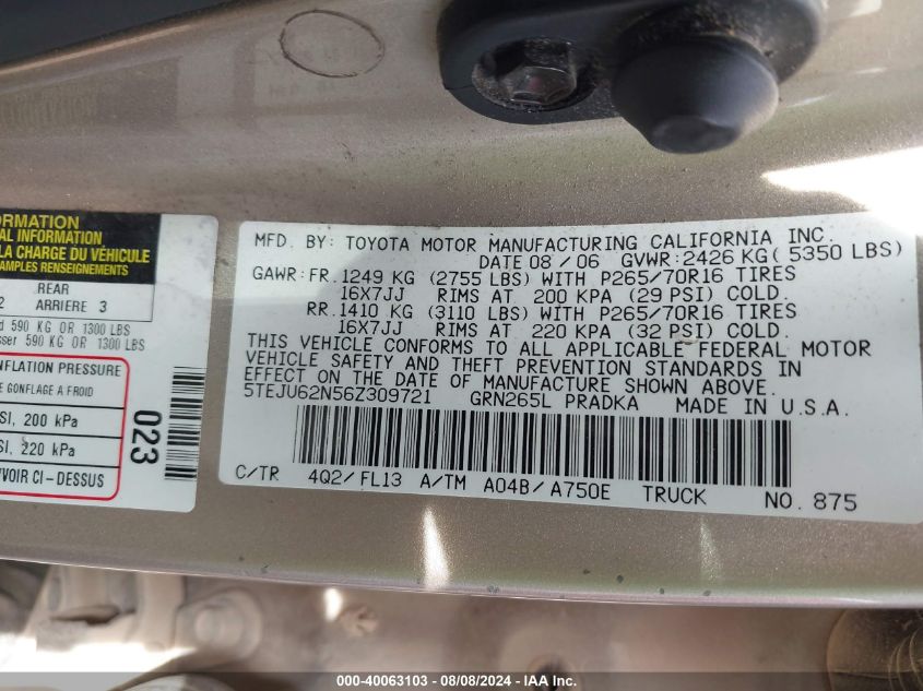 2006 Toyota Tacoma Prerunner V6 VIN: 5TEJU62N56Z309721 Lot: 40063103