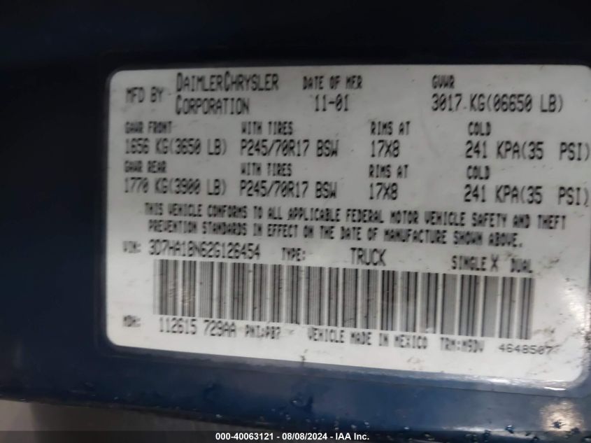 2002 Dodge Ram 1500 VIN: 3D7HA18N62G126454 Lot: 40063121