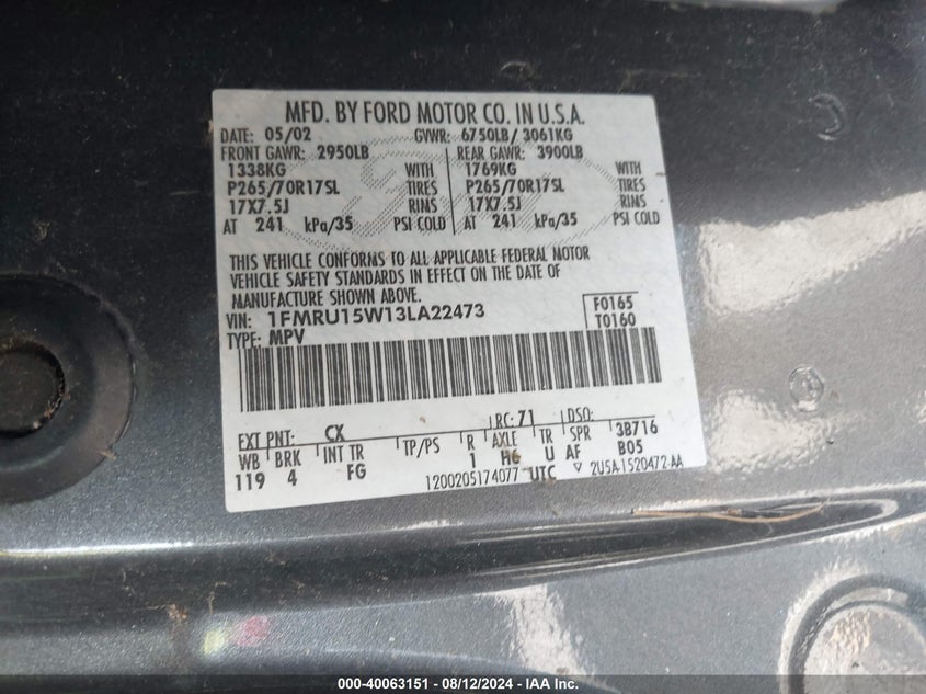 2003 Ford Expedition Xlt VIN: 1FMRU15W13LA22473 Lot: 40063151