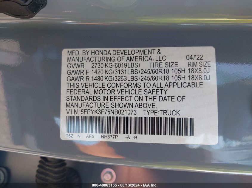 2022 HONDA RIDGELINE(VIN: 5FPYK3F75NB021073