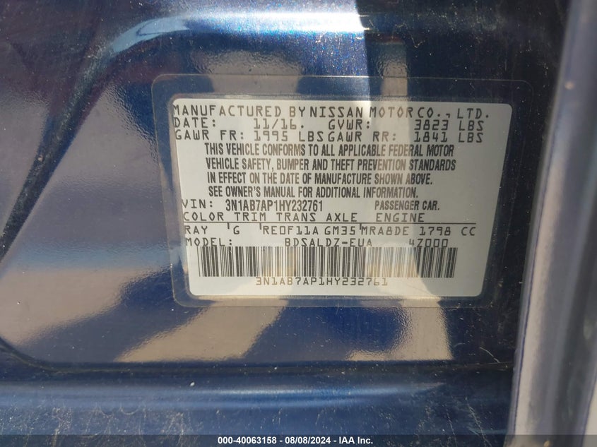 2017 Nissan Sentra S/Sv/Sr/Sl VIN: 3N1AB7AP1HY232761 Lot: 40063158