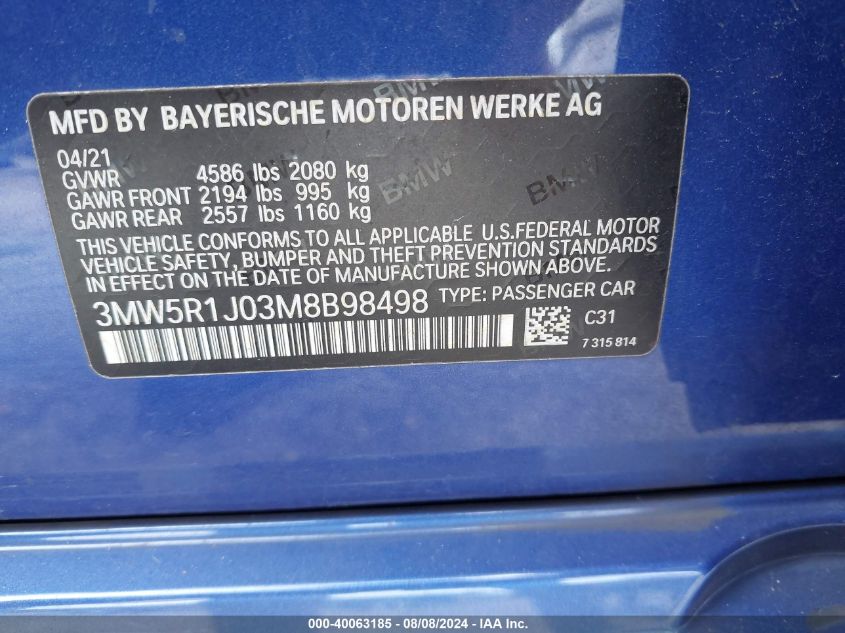 2021 BMW 330I VIN: 3MW5R1J03M8B98498 Lot: 40063185