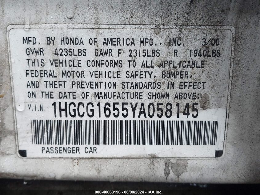 1HGCG1655YA058145 2000 Honda Accord 3.0 Ex