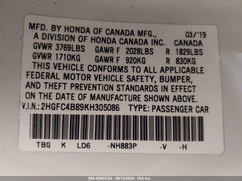 2019 Honda Civic Sport VIN: 2HGFC4B89KH305086 Lot: 40063224