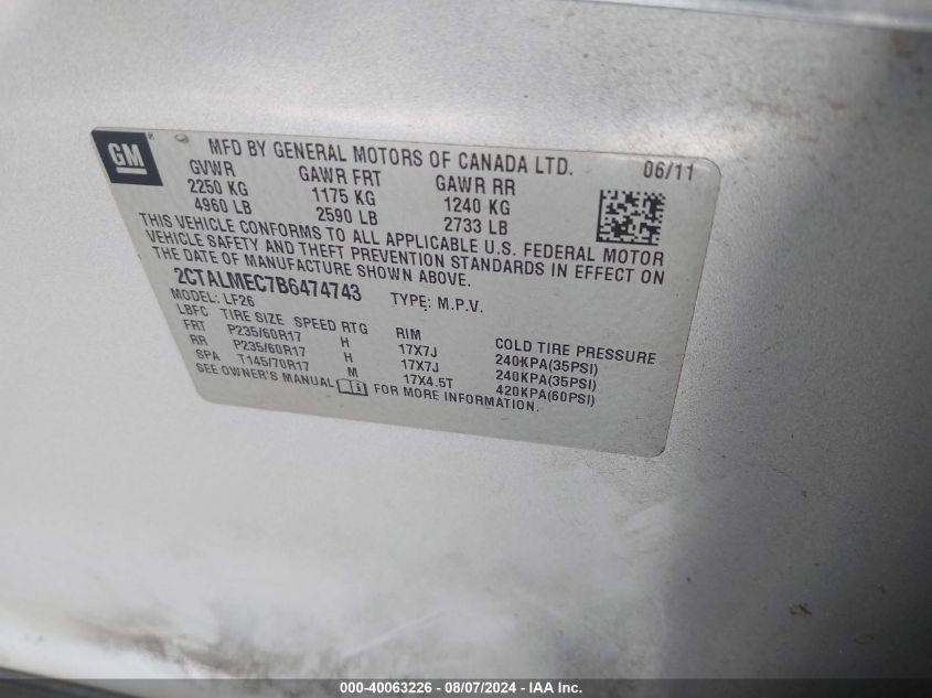 2011 GMC Terrain Sle-1 VIN: 2CTALMEC7B6474743 Lot: 40063226