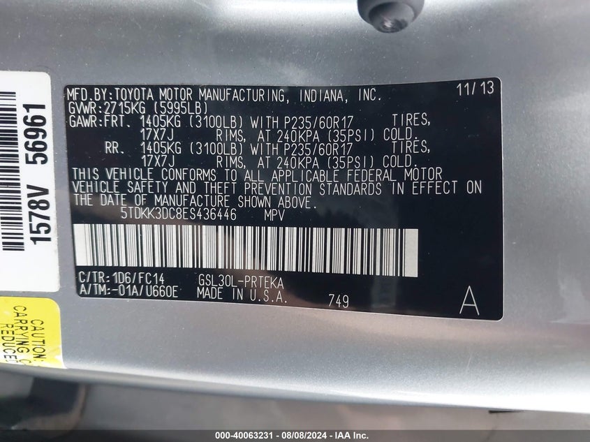 2014 Toyota Sienna Le V6 8 Passenger VIN: 5TDKK3DC8ES436446 Lot: 40063231