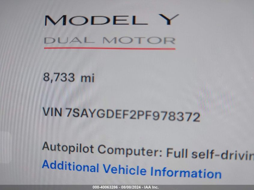 2023 Tesla Model Y Awd/Performance Dual Motor All-Wheel Drive VIN: 7SAYGDEF2PF978372 Lot: 40063286