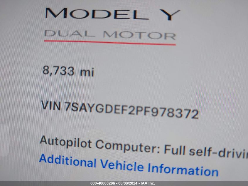 2023 Tesla Model Y Awd/Performance Dual Motor All-Wheel Drive VIN: 7SAYGDEF2PF978372 Lot: 40063286