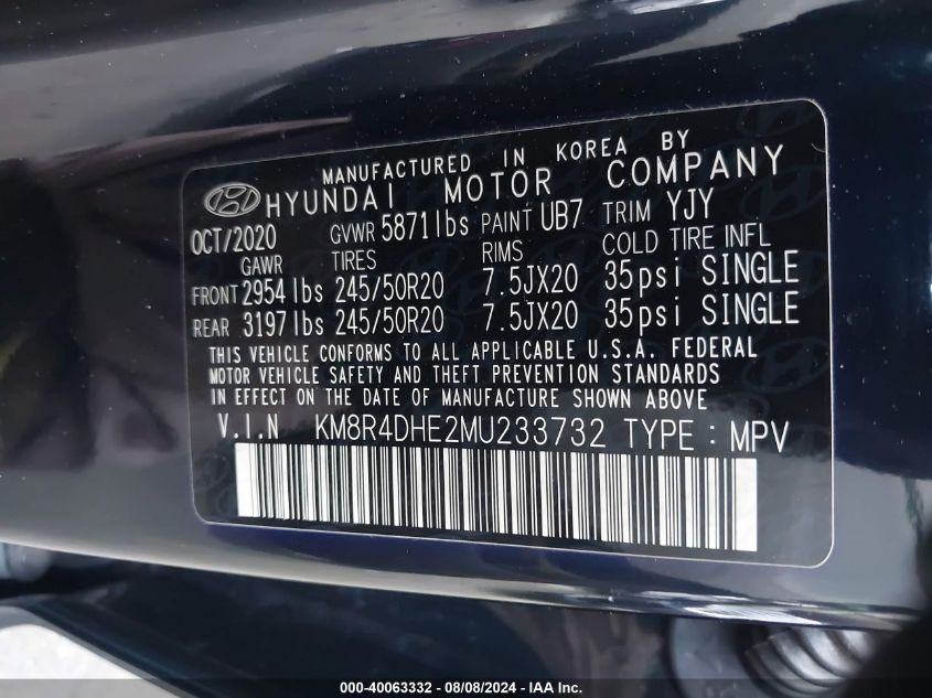 2021 Hyundai Palisade Sel VIN: KM8R4DHE2MU233732 Lot: 40063332