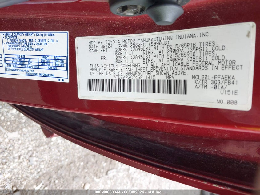 2004 Toyota Sienna Le VIN: 5TDZA23C74S211415 Lot: 40063344