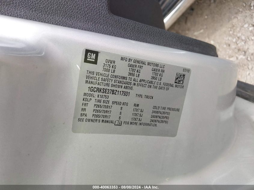 2011 Chevrolet Silverado 1500 Lt VIN: 1GCRKSE37BZ117931 Lot: 40063353