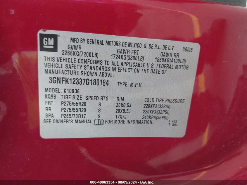 2007 Chevrolet Avalanche 1500 Ltz VIN: 3GNFK12337G180184 Lot: 40063354