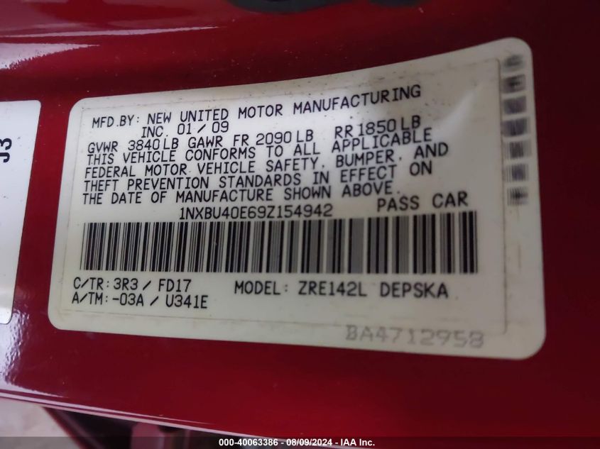 2009 Toyota Corolla S VIN: 1NXBU40E69Z154942 Lot: 40063386