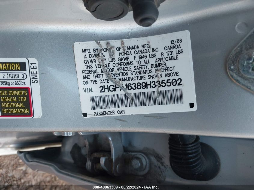 2009 Honda Civic Vp VIN: 2HGFA16389H335502 Lot: 40063389
