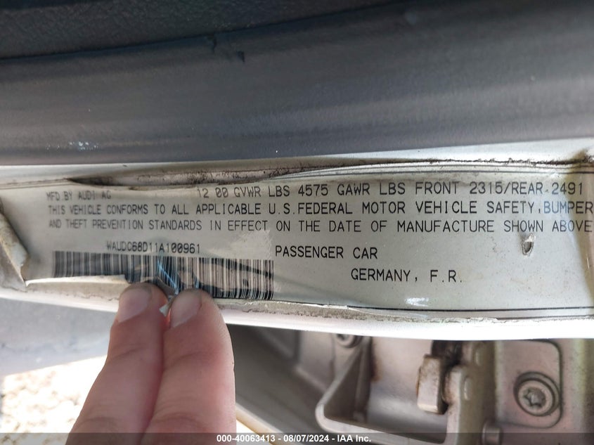 2001 Audi A4 1.8 T VIN: WAUDC68D11A100961 Lot: 40063413