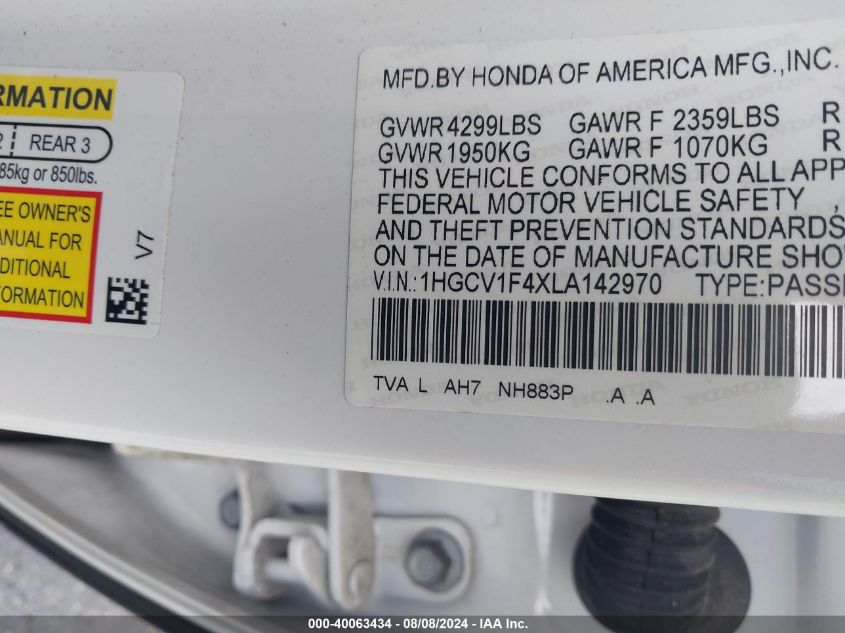 1HGCV1F4XLA142970 2020 Honda Accord Ex