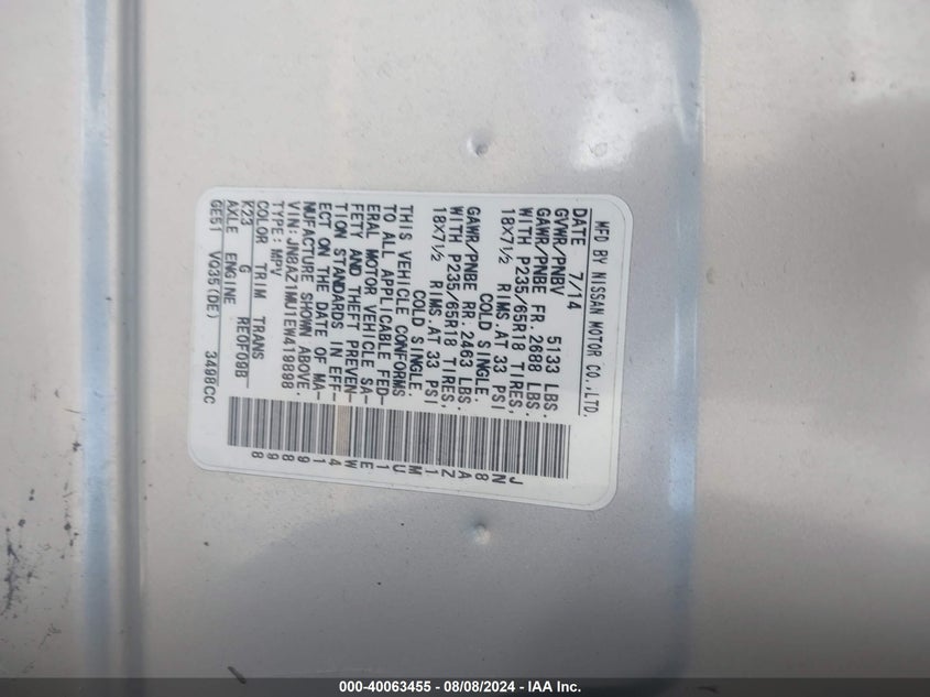 2014 Nissan Murano Sv VIN: JN8AZ1MU1EW419898 Lot: 40063455