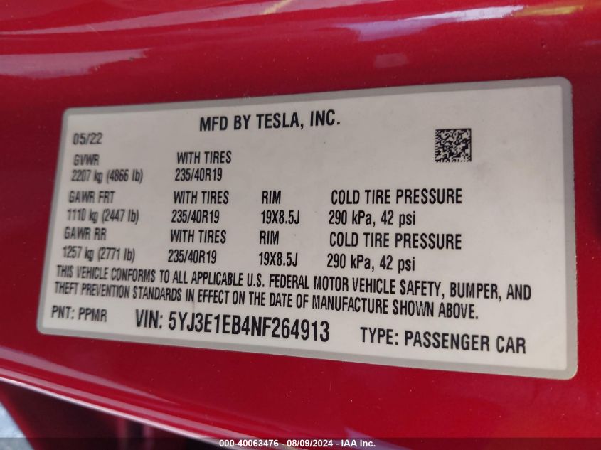 2022 TESLA MODEL 3 - 5YJ3E1EB4NF264913