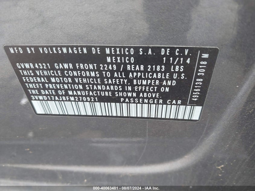 2015 Volkswagen Jetta 1.8T Se VIN: 3VWD17AJ8FM270921 Lot: 40063481