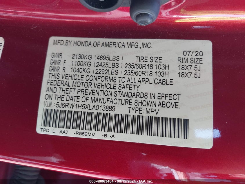 2020 Honda Cr-V 2Wd Ex VIN: 5J6RW1H5XLA013889 Lot: 40063484
