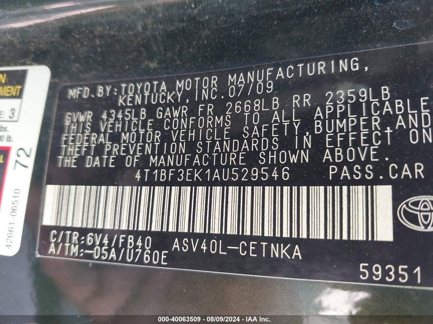 2010 Toyota Camry Le VIN: 4T1BF3EK1AU529546 Lot: 40063509