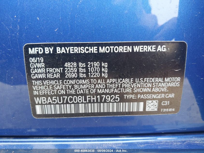 2020 BMW 3 Series M340I VIN: WBA5U7C08LFH17925 Lot: 40063535