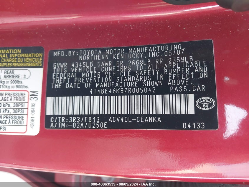 2007 Toyota Camry Ce/Le/Xle/Se VIN: 4T4BE46K87R005042 Lot: 40063539