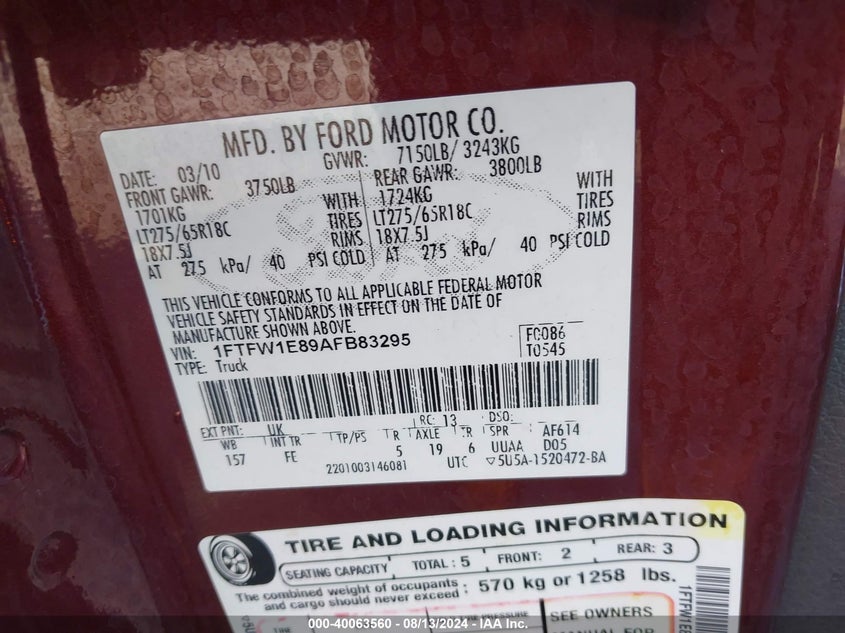 2010 Ford F-150 Xl/Xlt VIN: 1FTFW1E89AFB83295 Lot: 40063560