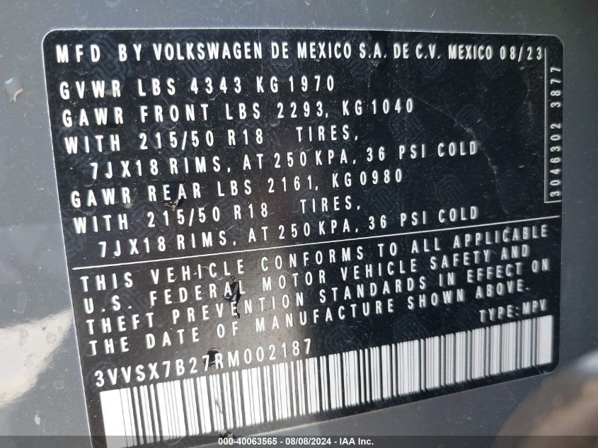 3VVSX7B27RM002187 2024 Volkswagen Taos 1.5T Se