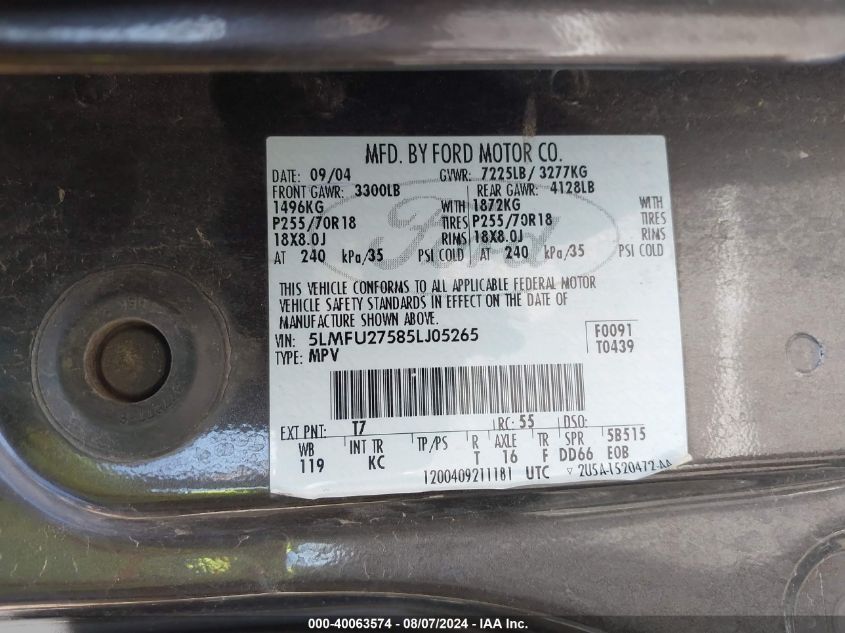 2005 Lincoln Navigator VIN: 5LMFU27585LJ05265 Lot: 40063574