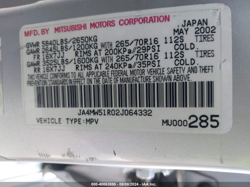 2002 Mitsubishi Montero Limited VIN: JA4MW51R02J064332 Lot: 40063595