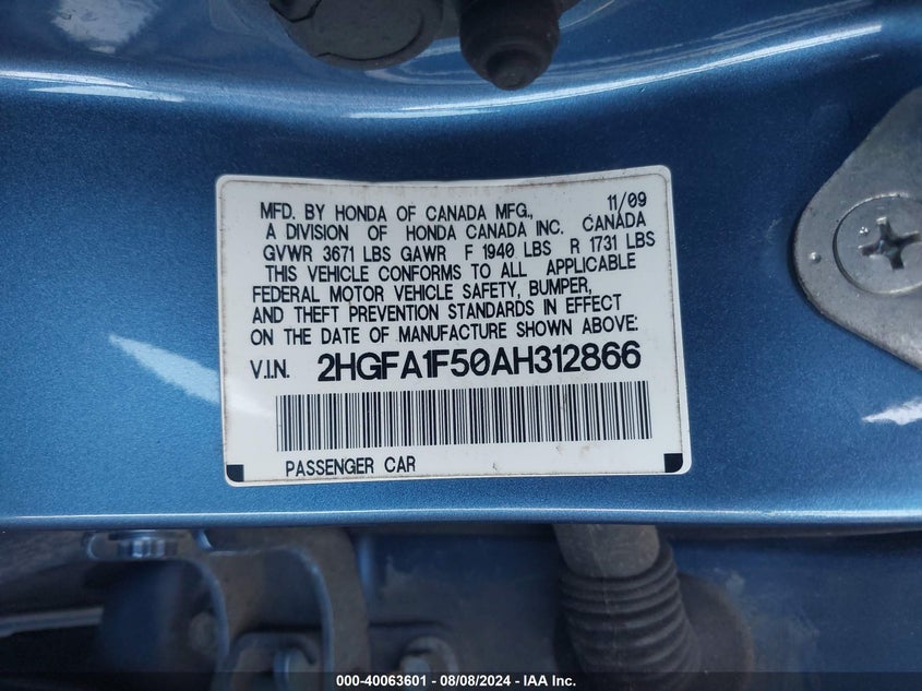 2010 Honda Civic Lx VIN: 2HGFA1F50AH312866 Lot: 40063601